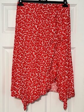 Code X Mode Red Ditsy Floral Asymmetrical Ruffle Trim Elastic Waist Skirt Medium